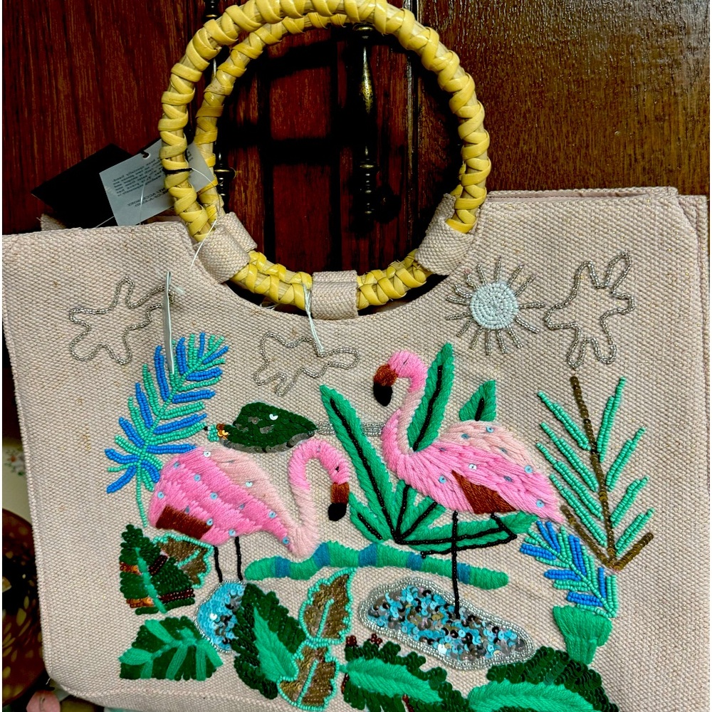 America & Beyond Flamingo Hand Stitched Bag with Round Bamboo Handles